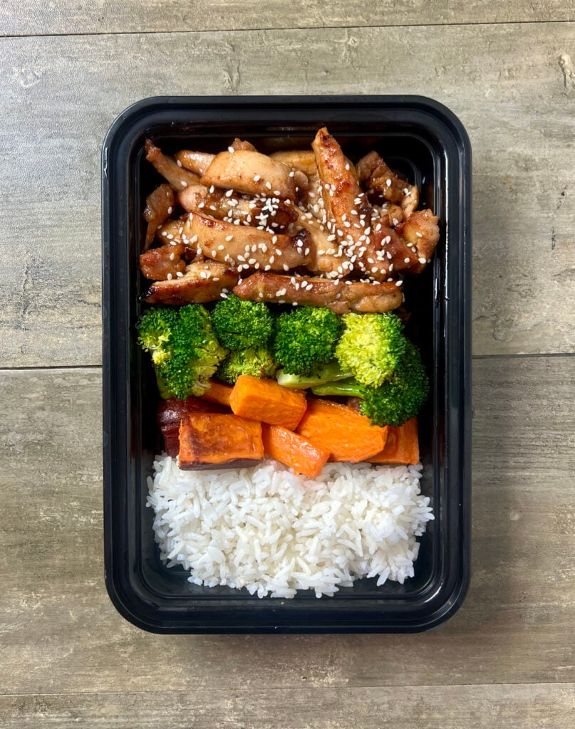 Sheet Pan Teriyaki Chicken in meal prep container.