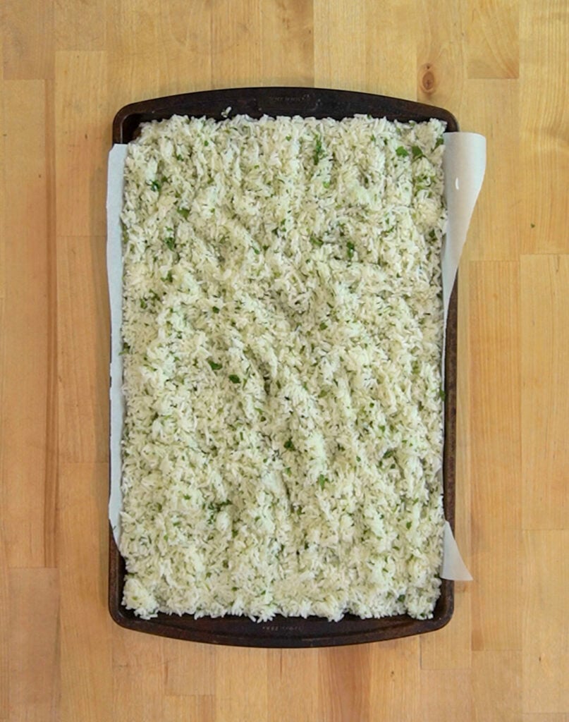 Chipotle Cilantro Lime Rice batch prepped on a tray