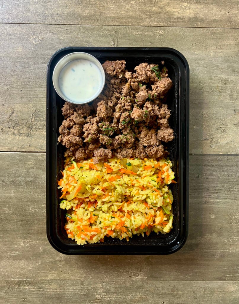 Mediterranean Spiced Beef Meal Prep in a black container.